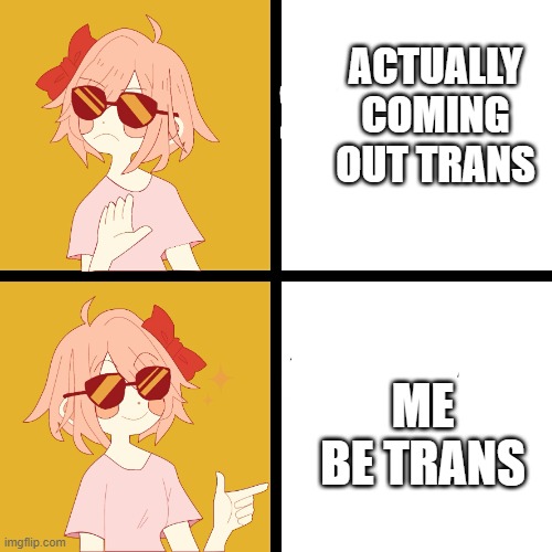Trans Drake | ACTUALLY COMING OUT TRANS; ME BE TRANS | image tagged in trans drake | made w/ Imgflip meme maker