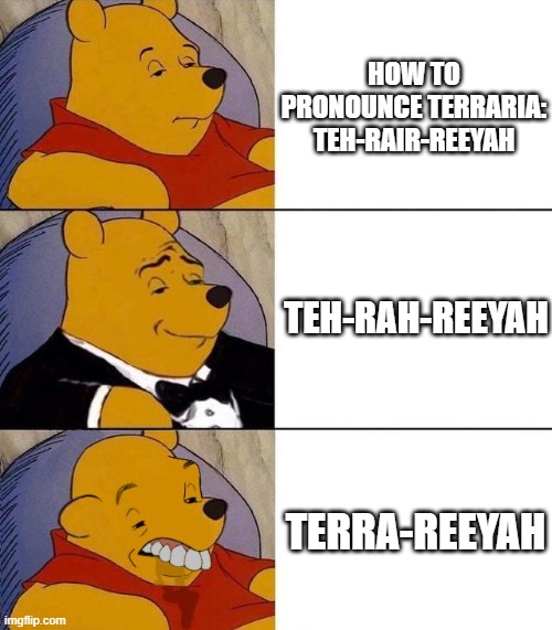 Best,Better, Blurst | HOW TO PRONOUNCE TERRARIA:
TEH-RAIR-REEYAH; TEH-RAH-REEYAH; TERRA-REEYAH | image tagged in best better blurst | made w/ Imgflip meme maker
