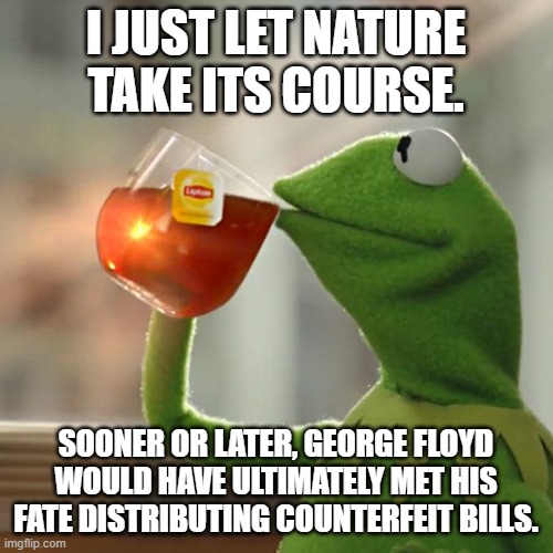 But That's None Of My Business Meme | I JUST LET NATURE TAKE ITS COURSE. SOONER OR LATER, GEORGE FLOYD WOULD HAVE ULTIMATELY MET HIS FATE DISTRIBUTING COUNTERFEIT BILLS. | image tagged in memes,but that's none of my business,kermit the frog | made w/ Imgflip meme maker