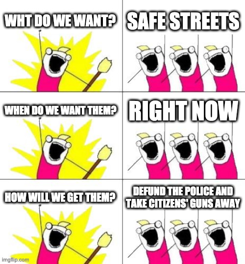 What Do We Want 3 | WHT DO WE WANT? SAFE STREETS; WHEN DO WE WANT THEM? RIGHT NOW; HOW WILL WE GET THEM? DEFUND THE POLICE AND TAKE CITIZENS' GUNS AWAY | image tagged in memes,what do we want 3 | made w/ Imgflip meme maker