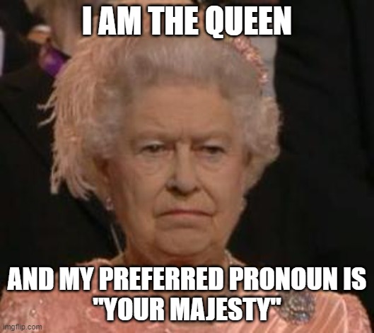don't you dare misgender her | I AM THE QUEEN; AND MY PREFERRED PRONOUN IS
"YOUR MAJESTY" | image tagged in queen,pronoun,gender | made w/ Imgflip meme maker