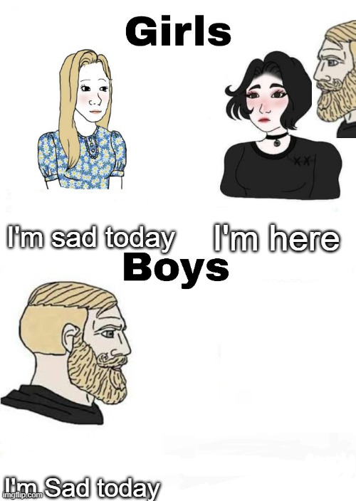 I'm sad today | I'm sad today; I'm here; I'm Sad today | image tagged in girls vs boys,sad | made w/ Imgflip meme maker