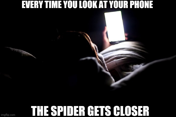 Crawling on your face while you sleep | EVERY TIME YOU LOOK AT YOUR PHONE; THE SPIDER GETS CLOSER | image tagged in spiders,sleep,lamp | made w/ Imgflip meme maker