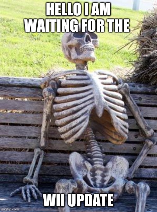 Shelly | HELLO I AM WAITING FOR THE; WII UPDATE | image tagged in memes,waiting skeleton | made w/ Imgflip meme maker