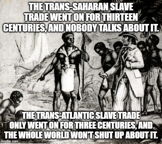 Slaves | THE TRANS-SAHARAN SLAVE TRADE WENT ON FOR THIRTEEN CENTURIES, AND NOBODY TALKS ABOUT IT. THE TRANS-ATLANTIC SLAVE TRADE ONLY WENT ON FOR THREE CENTURIES, AND THE WHOLE WORLD WON'T SHUT UP ABOUT IT. | image tagged in slaves | made w/ Imgflip meme maker