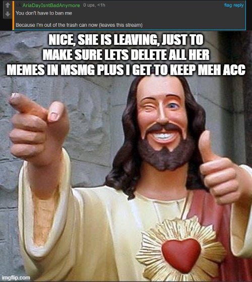 NICE, SHE IS LEAVING, JUST TO MAKE SURE LETS DELETE ALL HER MEMES IN MSMG PLUS I GET TO KEEP MEH ACC | image tagged in memes,buddy christ | made w/ Imgflip meme maker