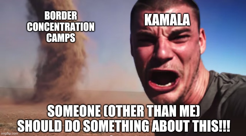 Here it comes | KAMALA; BORDER CONCENTRATION CAMPS; SOMEONE (OTHER THAN ME) SHOULD DO SOMETHING ABOUT THIS!!! | image tagged in here it comes | made w/ Imgflip meme maker
