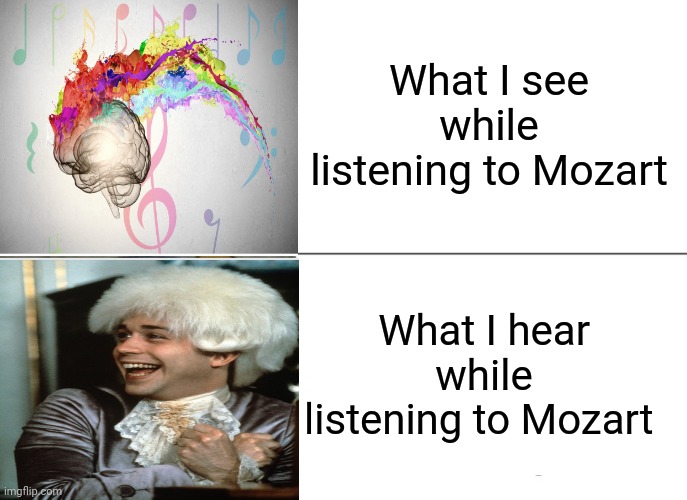 Tuxedo Winnie The Pooh Meme | What I see while listening to Mozart; What I hear while listening to Mozart | image tagged in memes,tuxedo winnie the pooh | made w/ Imgflip meme maker