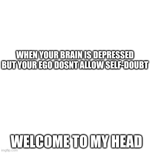 Blank Transparent Square Meme | WHEN YOUR BRAIN IS DEPRESSED BUT YOUR EGO DOSNT ALLOW SELF-DOUBT; WELCOME TO MY HEAD | image tagged in memes,blank transparent square | made w/ Imgflip meme maker