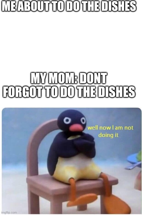 LIKE I DONT WANT TO ANYMORE | ME ABOUT TO DO THE DISHES; MY MOM: DONT FORGOT TO DO THE DISHES | image tagged in blank white template,well now i'm not doing it | made w/ Imgflip meme maker