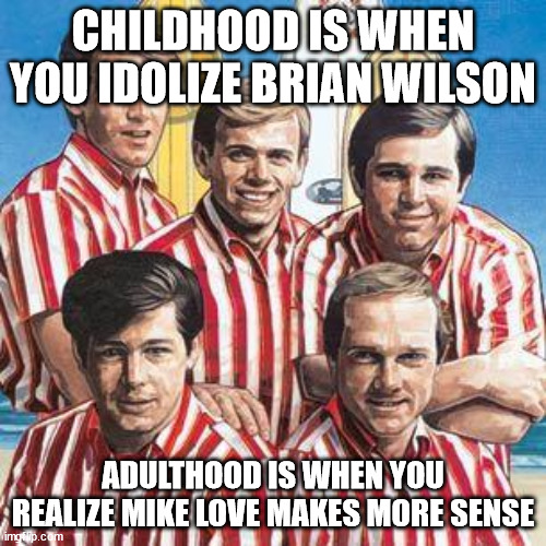 beach boys | CHILDHOOD IS WHEN YOU IDOLIZE BRIAN WILSON; ADULTHOOD IS WHEN YOU REALIZE MIKE LOVE MAKES MORE SENSE | image tagged in beach boys,beachboyscirclejerk | made w/ Imgflip meme maker