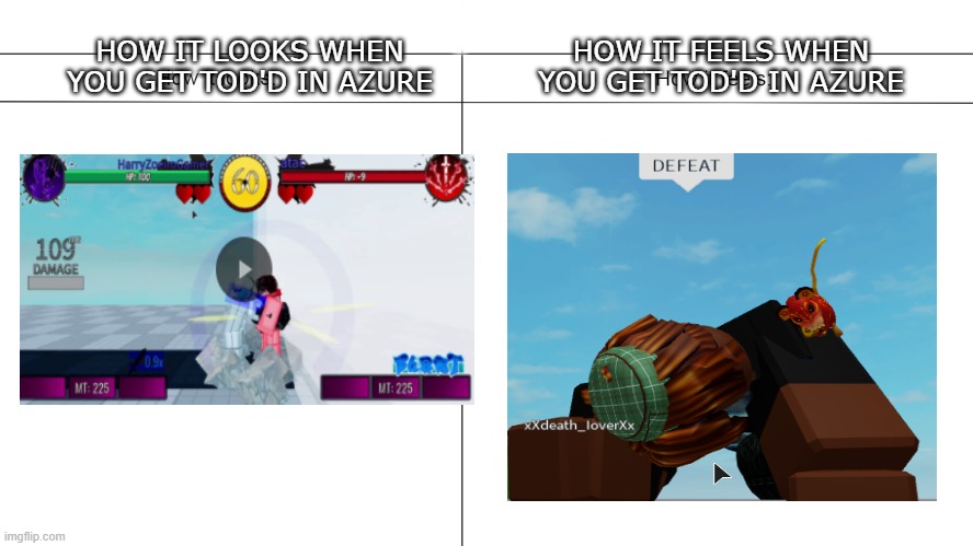 How it feels to get TOD'd in Azure | HOW IT LOOKS WHEN YOU GET TOD'D IN AZURE; HOW IT FEELS WHEN YOU GET TOD'D IN AZURE | image tagged in how it looks vs how it feels | made w/ Imgflip meme maker