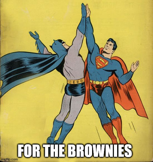 Batman superman high five | FOR THE BROWNIES | image tagged in batman superman high five | made w/ Imgflip meme maker