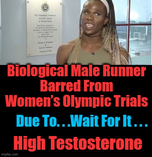 You Can't Make This Stuff Up.... | Biological Male Runner 
Barred From 
Women’s Olympic Trials; Due To. . .Wait For It . . . High Testosterone | image tagged in politics,men,women,sports | made w/ Imgflip meme maker