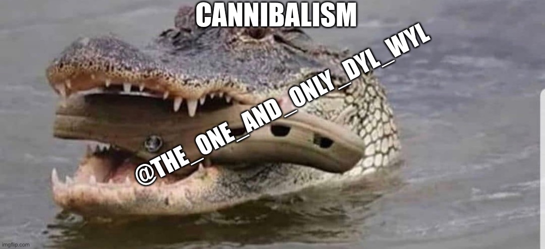 Cannibalistic Crocodile | CANNIBALISM; @THE_ONE_AND_ONLY_DYL_WYL | image tagged in memes,steve irwin crocodile hunter,dank memes,cannibalism,cannibal,front page | made w/ Imgflip meme maker