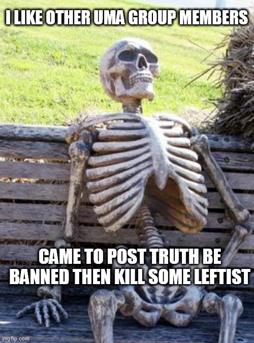 Waiting Skeleton Meme | I LIKE OTHER UMA GROUP MEMBERS; CAME TO POST TRUTH BE BANNED THEN KILL SOME LEFTIST | image tagged in memes,waiting skeleton | made w/ Imgflip meme maker