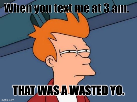 Don’t text me at 3am | When you text me at 3 am. THAT WAS A WASTED YO. | image tagged in memes,futurama fry | made w/ Imgflip meme maker