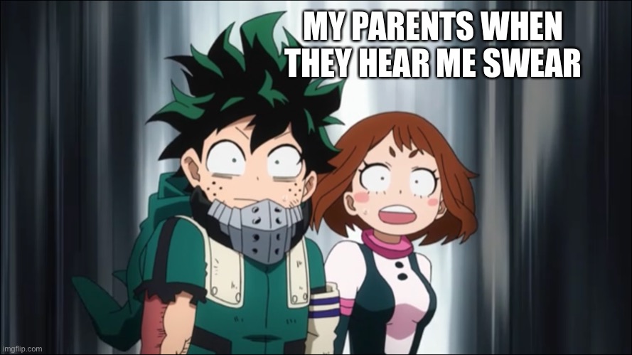 Relate | MY PARENTS WHEN THEY HEAR ME SWEAR | image tagged in deku-ochaco shocked,swearing,parents,memes,mha,anime | made w/ Imgflip meme maker