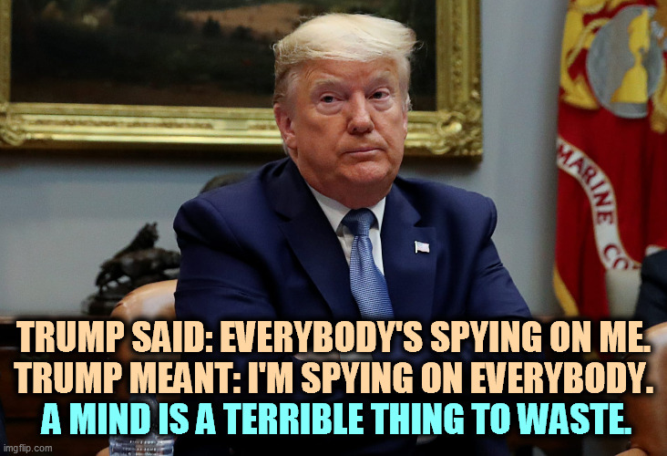 Dilated again. Look. | TRUMP SAID: EVERYBODY'S SPYING ON ME.
TRUMP MEANT: I'M SPYING ON EVERYBODY. A MIND IS A TERRIBLE THING TO WASTE. | image tagged in trump shrug arms folded eyes dilated,trump,reverse,accused,spying,paranoid | made w/ Imgflip meme maker