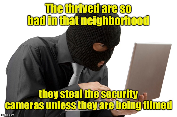 Thief | The thrived are so bad in that neighborhood they steal the security cameras unless they are being filmed | image tagged in thief | made w/ Imgflip meme maker