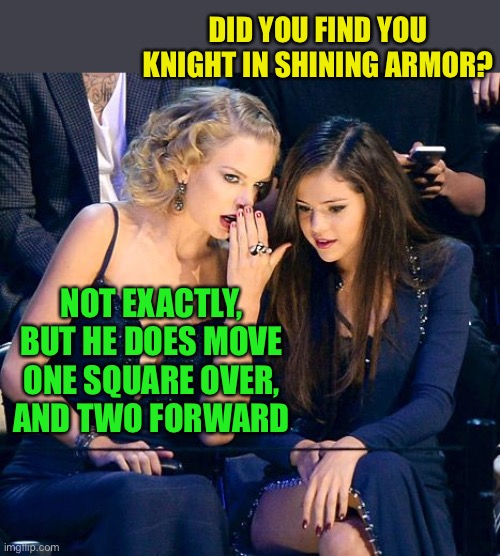 girl talk | DID YOU FIND YOU KNIGHT IN SHINING ARMOR? NOT EXACTLY, BUT HE DOES MOVE ONE SQUARE OVER,
 AND TWO FORWARD | image tagged in girl talk | made w/ Imgflip meme maker