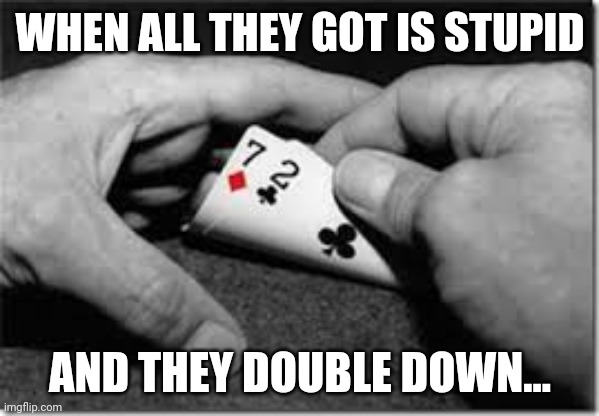 Bad Poker Hand | WHEN ALL THEY GOT IS STUPID; AND THEY DOUBLE DOWN... | image tagged in bad poker hand | made w/ Imgflip meme maker