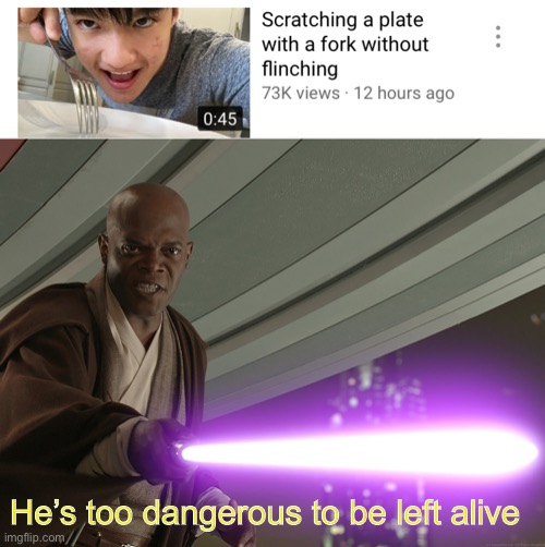 He’s everywhere on YouTube | He’s too dangerous to be left alive | image tagged in he's too dangerous to be left alive,memes,star wars,mace windu | made w/ Imgflip meme maker