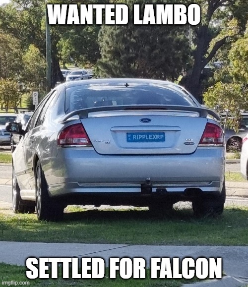 XRP NO LAMBO? | WANTED LAMBO; SETTLED FOR FALCON | image tagged in xrp,ripple,lamborghini,ford,falcon | made w/ Imgflip meme maker