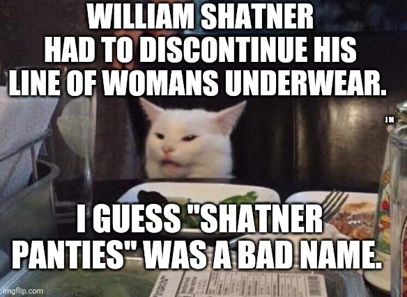Salad cat | WILLIAM SHATNER HAD TO DISCONTINUE HIS LINE OF WOMANS UNDERWEAR. J M; I GUESS "SHATNER PANTIES" WAS A BAD NAME. | image tagged in salad cat | made w/ Imgflip meme maker