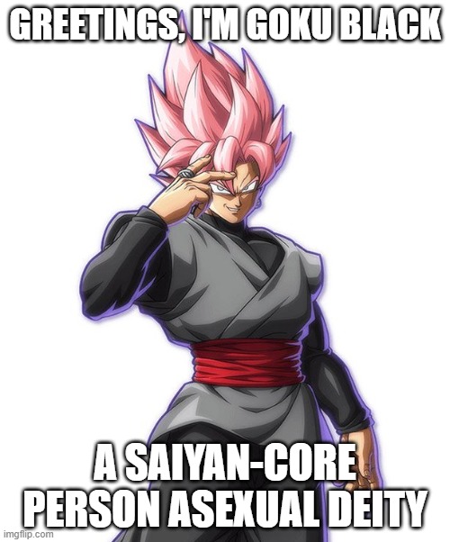 He's a Jackace | GREETINGS, I'M GOKU BLACK; A SAIYAN-CORE PERSON ASEXUAL DEITY | image tagged in dragon ball,lgbt,asexual,deities,goku black | made w/ Imgflip meme maker