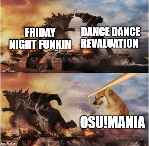 Kong Godzilla Doge | DANCE DANCE REVALUATION; FRIDAY NIGHT FUNKIN; OSU!MANIA | image tagged in kong godzilla doge | made w/ Imgflip meme maker