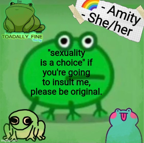 Amity | "sexuality is a choice" if you're going to insult me, please be original. | image tagged in amity | made w/ Imgflip meme maker