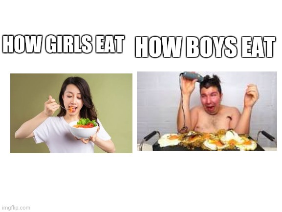Boys vs girls part 2 |  HOW BOYS EAT; HOW GIRLS EAT | image tagged in blank white template,memes | made w/ Imgflip meme maker