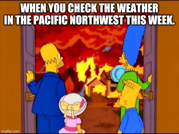 The forecast is for hotter than hell on Monday, with other highs this week sufficient to really turn the floor into hot lava. |  WHEN YOU CHECK THE WEATHER IN THE PACIFIC NORTHWEST THIS WEEK. | image tagged in the simpsons hell fire,seattle,portland,pacific northwest,weather,hot | made w/ Imgflip meme maker