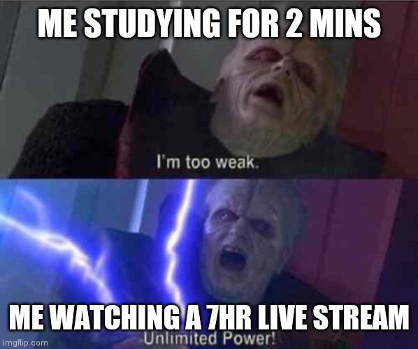Every Single Time |  ME STUDYING FOR 2 MINS; ME WATCHING A 7HR LIVE STREAM | image tagged in funny,funny memes,memes | made w/ Imgflip meme maker
