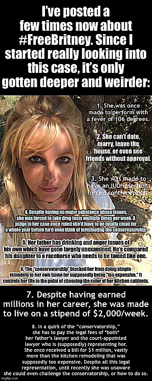 Details of her case shock the conscience. This is blatant abuse taking place under a dubious legal veneer. | image tagged in free britney,abuse,freebritney,leave britney alone,misogyny,sexism | made w/ Imgflip meme maker