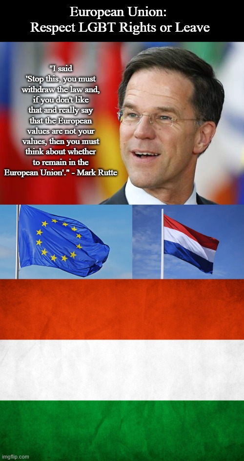 European Union Stands Up for LGBT Rights | "I said 'Stop this, you must withdraw the law and, if you don't like that and really say that the European values are not your values, then you must think about whether to remain in the European Union'." - Mark Rutte; European Union: 
Respect LGBT Rights or Leave | image tagged in mark rutte,the european union,hungarian national flag,politics,memes | made w/ Imgflip meme maker
