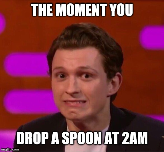 Tom Holland | THE MOMENT YOU; DROP A SPOON AT 2AM | image tagged in tom holland | made w/ Imgflip meme maker