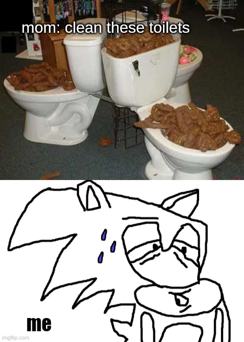Clean toilets | mom: clean these toilets; me | image tagged in cursed sonic,toilet,shit | made w/ Imgflip meme maker