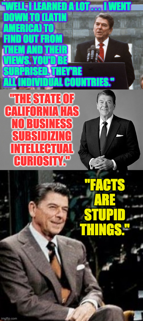 "THE STATE OF
CALIFORNIA HAS
NO BUSINESS
SUBSIDIZING
INTELLECTUAL
CURIOSITY." "FACTS ARE STUPID THINGS." "WELL, I LEARNED A LOT . . .  I WEN | image tagged in ronald reagan wall,ronald reagan,bad pun reagan | made w/ Imgflip meme maker