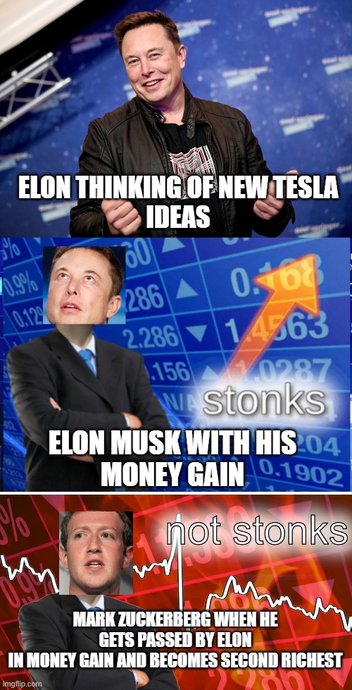 Elon Musk be getting rich | ELON THINKING OF NEW TESLA
IDEAS; ELON MUSK WITH HIS
MONEY GAIN; MARK ZUCKERBERG WHEN HE GETS PASSED BY ELON
IN MONEY GAIN AND BECOMES SECOND RICHEST | image tagged in elon musk,mark zuckerberg,stonks not stonks | made w/ Imgflip meme maker