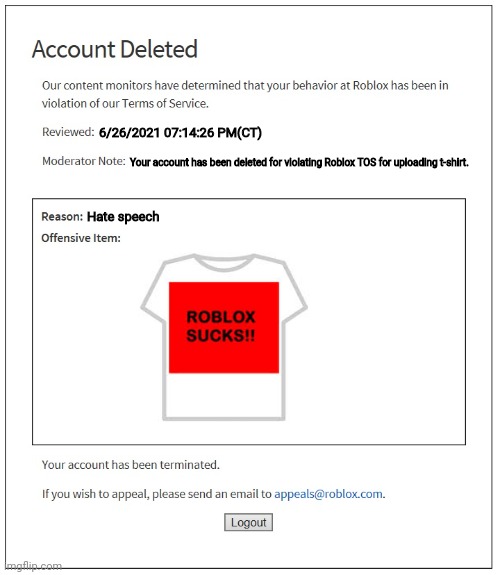 Banned on Roblox For 7 Days cause i Uploaded a shirt - Platform Usage  Support - Developer Forum