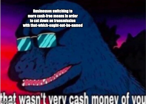 C*ViD-1* meme |  Businesses switching to more cash-free means in order to cut down on transmission with that-which-ought-not-be-named | image tagged in that wasn't very cash money of you,covid-19,covid19,covid,covid 19 | made w/ Imgflip meme maker