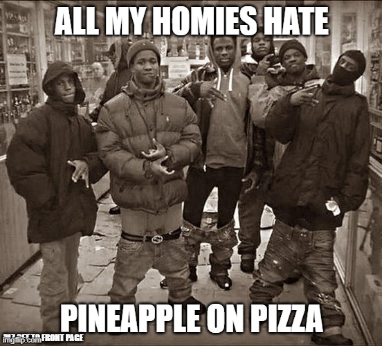 yes sir | ALL MY HOMIES HATE; PINEAPPLE ON PIZZA; PLZ GET TO FRONT PAGE | image tagged in all my homies hate | made w/ Imgflip meme maker