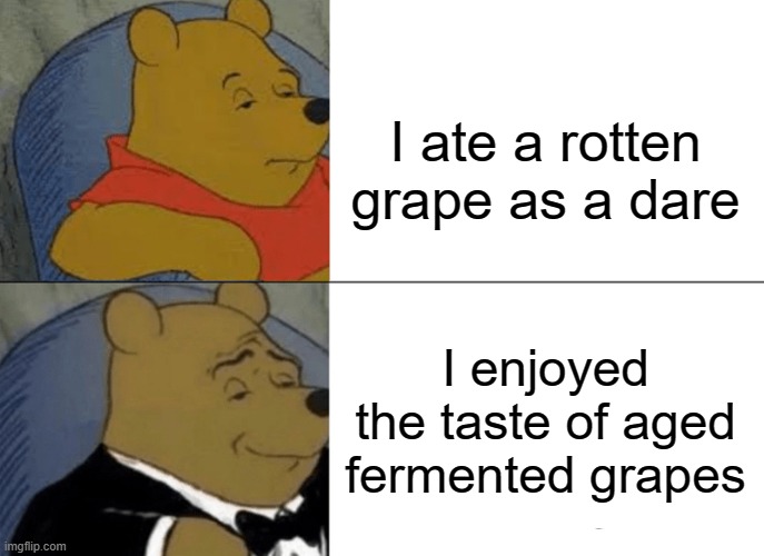 Tuxedo Winnie The Pooh Meme | I ate a rotten grape as a dare; I enjoyed the taste of aged fermented grapes | image tagged in memes,tuxedo winnie the pooh | made w/ Imgflip meme maker