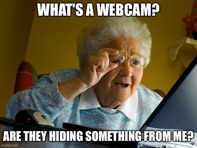 hope they don't make me a meme | WHAT'S A WEBCAM? ARE THEY HIDING SOMETHING FROM ME? | image tagged in memes,grandma finds the internet | made w/ Imgflip meme maker