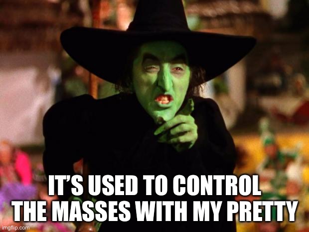 wicked witch  | IT’S USED TO CONTROL THE MASSES WITH MY PRETTY | image tagged in wicked witch | made w/ Imgflip meme maker