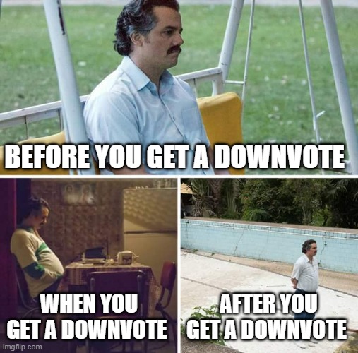 down vote | BEFORE YOU GET A DOWNVOTE; WHEN YOU GET A DOWNVOTE; AFTER YOU GET A DOWNVOTE | image tagged in memes,sad pablo escobar | made w/ Imgflip meme maker