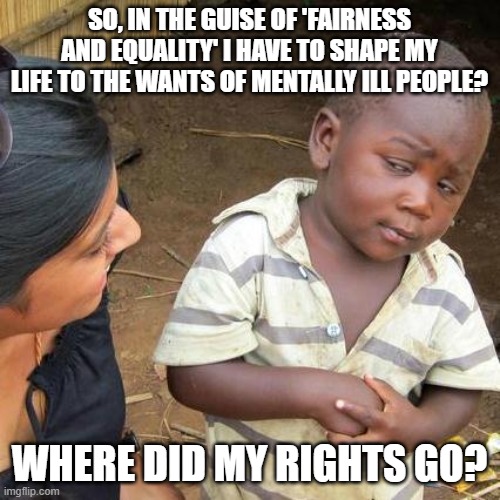 The issue that cannot be named | SO, IN THE GUISE OF 'FAIRNESS AND EQUALITY' I HAVE TO SHAPE MY LIFE TO THE WANTS OF MENTALLY ILL PEOPLE? WHERE DID MY RIGHTS GO? | image tagged in memes,third world skeptical kid | made w/ Imgflip meme maker