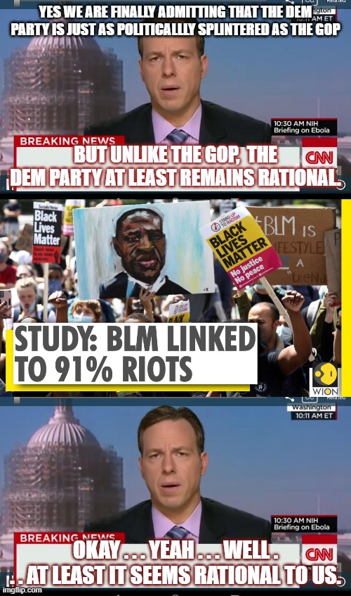 Rational is in the eyes of the beholder . . . and if it's a leftist . . . then especially so. | YES WE ARE FINALLY ADMITTING THAT THE DEM PARTY IS JUST AS POLITICALLLY SPLINTERED AS THE GOP; BUT UNLIKE THE GOP,  THE DEM PARTY AT LEAST REMAINS RATIONAL. OKAY . . . YEAH . . . WELL . . . AT LEAST IT SEEMS RATIONAL TO US. | image tagged in rationality is subjective,cnn,hypocrisy,leftist double standards | made w/ Imgflip meme maker